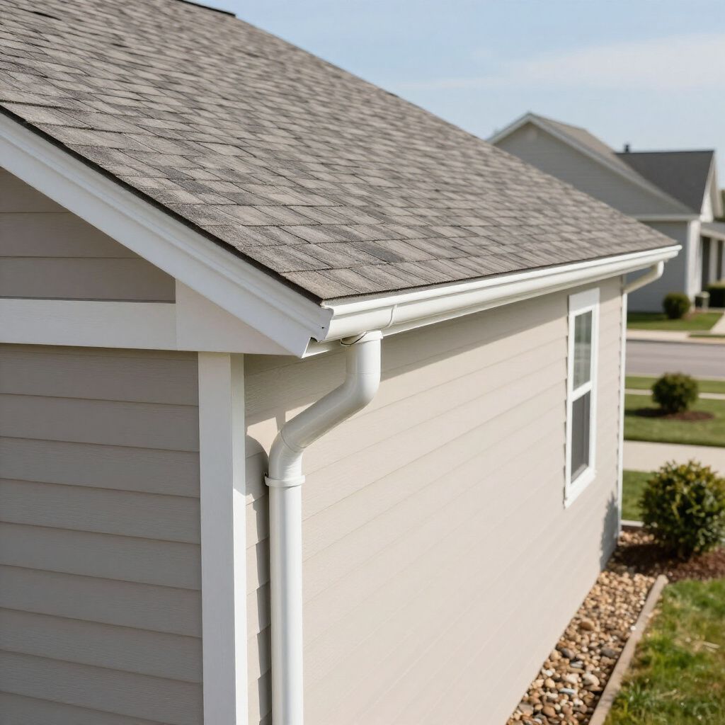 A light-colored house with a gray shingled roof, white gutters, and a window.