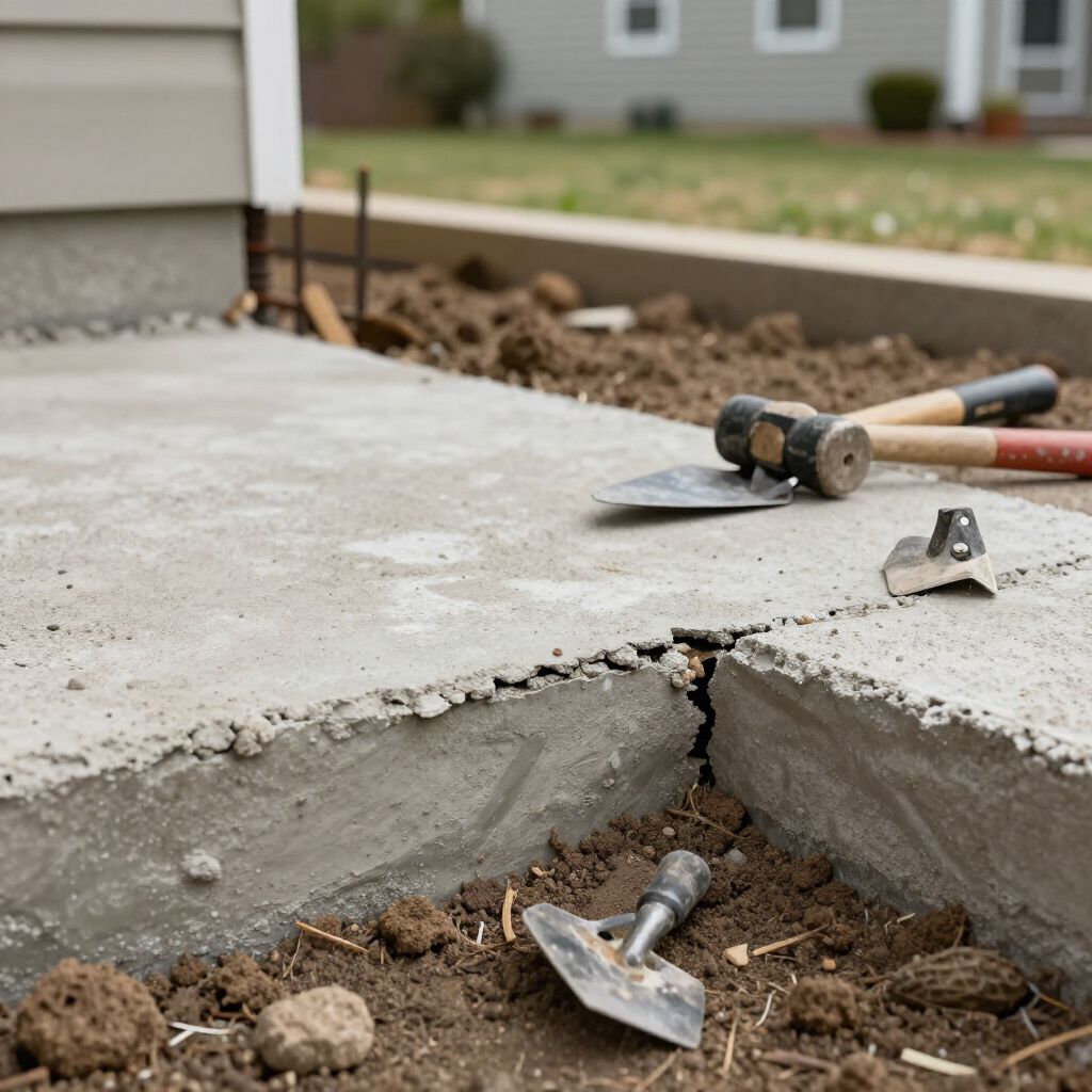Concrete walkway under construction, with tools and dirt in a yard setting.