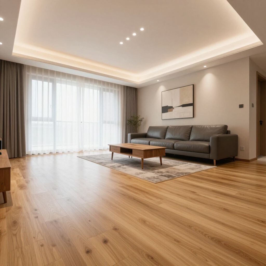 Living room with hardwood floor, grey sofa, large window, neutral colors, and modern decor.