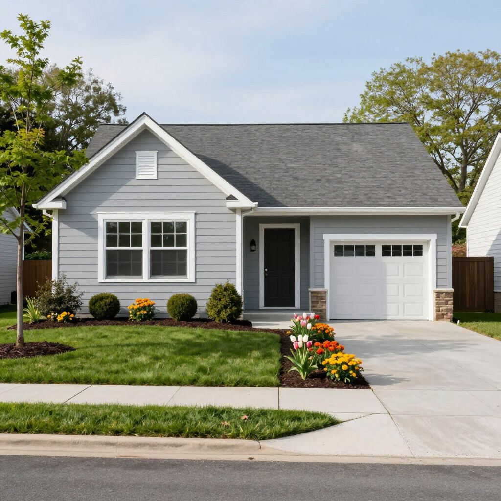 Gray house with white trim, garage, front door, and manicured lawn. Flowers in bloom.