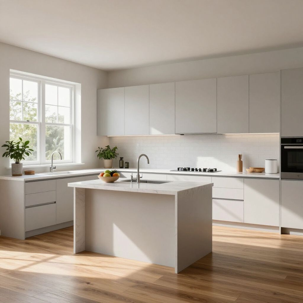 Modern kitchen with white cabinets, island, wooden floor, and window.