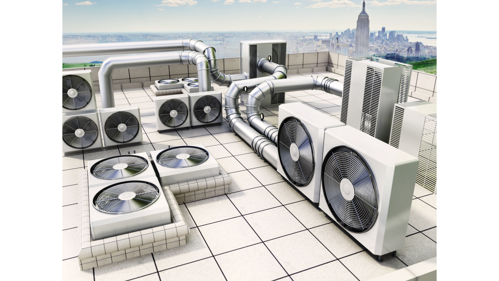 There are a lot of fans on the roof of a building.