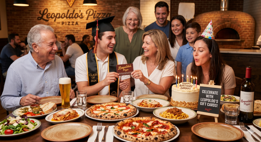 Friends toasting at Leopold’s Pizza with several pizzas on the table and a wood-fired oven in the background