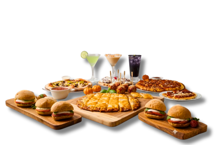 Assorted burgers, pizza, pasta, and cocktails arranged on wooden boards and trays