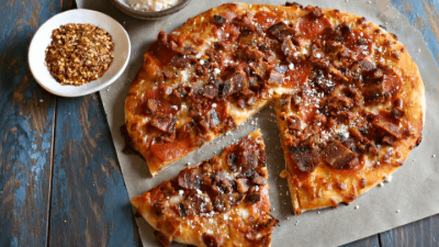 A sliced pepperoni pizza on parchment beside a bowl of red pepper flakes on a blue wooden table