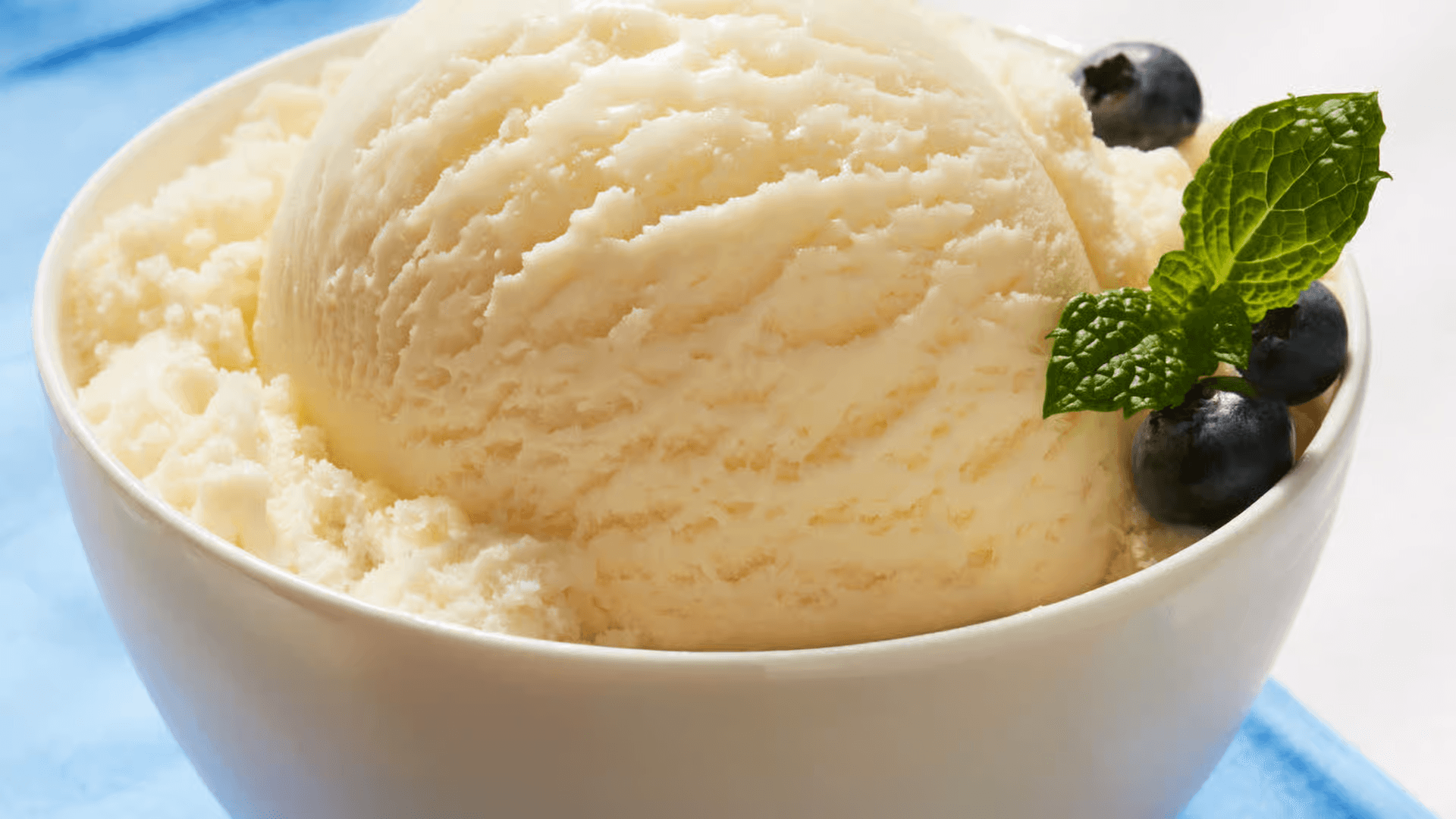Vanilla ice cream in a white bowl, garnished with blueberries and mint leaves