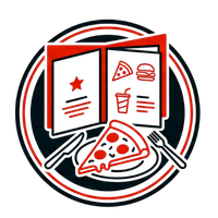 Restaurant menu with pizza, burger, drink, and pizza slice in red and black icon style
