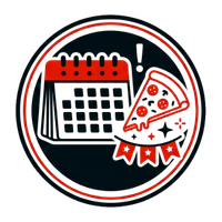 Red and black circular icon with a calendar, pizza slice, and exclamation mark