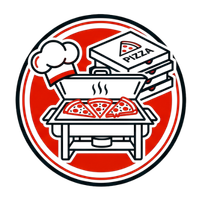 Red circular pizza logo with a chef hat, pizza box, and steaming pizza on a table