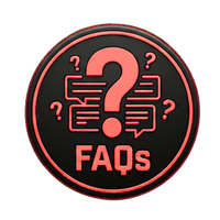 Black circular FAQs icon with pink question mark and chat bubbles