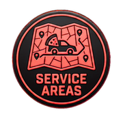 Red circular “SERVICE AREAS” sign with a car on a map and location pins