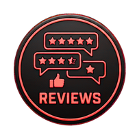 Black and red “REVIEWS” icon with chat bubbles and star ratings, plus a thumbs-up symbol