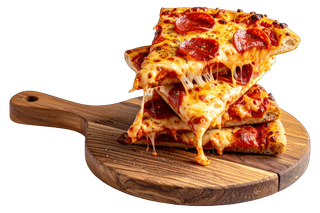 Pepperoni pizza slices stacked on a wooden serving board