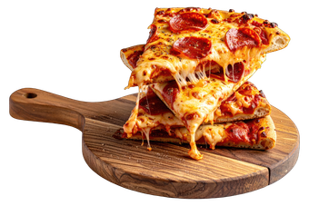 Pepperoni pizza slices stacked on a wooden serving board