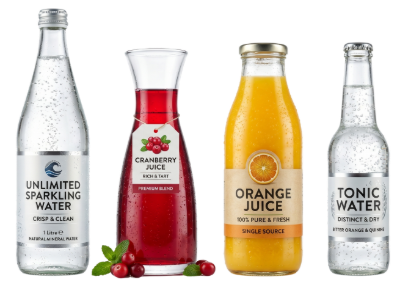 Four beverage bottles: sparkling water, cranberry juice, orange juice, and tonic water on a white background.