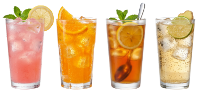 Four colorful iced fruit drinks in tall glasses with lemon and mint garnishes.