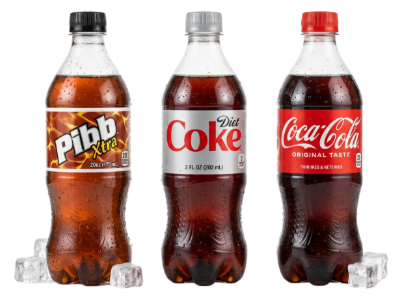 Three bottles of cola soda: Pibb, Diet Coke, and Coca-Cola, on a white background
