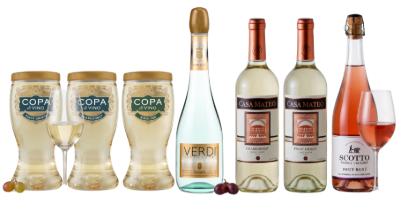 Assorted wine and champagne bottles displayed in a row on a white background