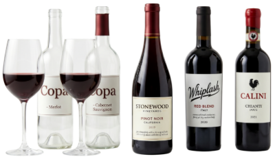 Assorted wine bottles and glasses on a white background, including Copa, Stonewood, Whiplash, and Calini labels.