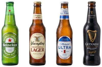Four bottled beers on a white background: Heineken, Yuengling Lager, Michelob Ultra, and Guinness Draught.