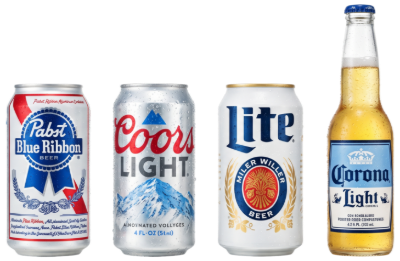 Four beer containers: Pabst Blue Ribbon, Coors Light, Miller Lite, and Corona Light bottles and cans.