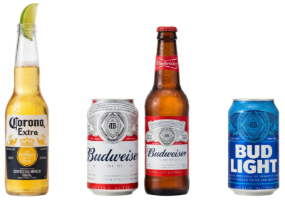 Four beer cans and bottles: Corona Extra, Budweiser, and Bud Light on a white background