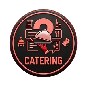 Catering logo with serving tray, utensils, and red accents on a black circular background