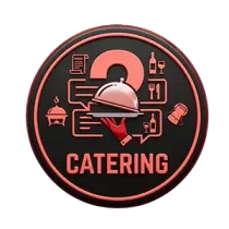 Catering logo with serving tray, utensils, and red accents on a black circular background