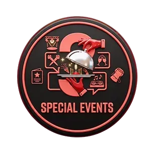 Special Events badge with red bell and icons on a black circular background
