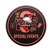 Special Events badge with red bell and icons on a black circular background