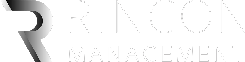 Stylized logo with metallic silver abstract “R” and faint “RINO MANAGEMENT” text on a light background