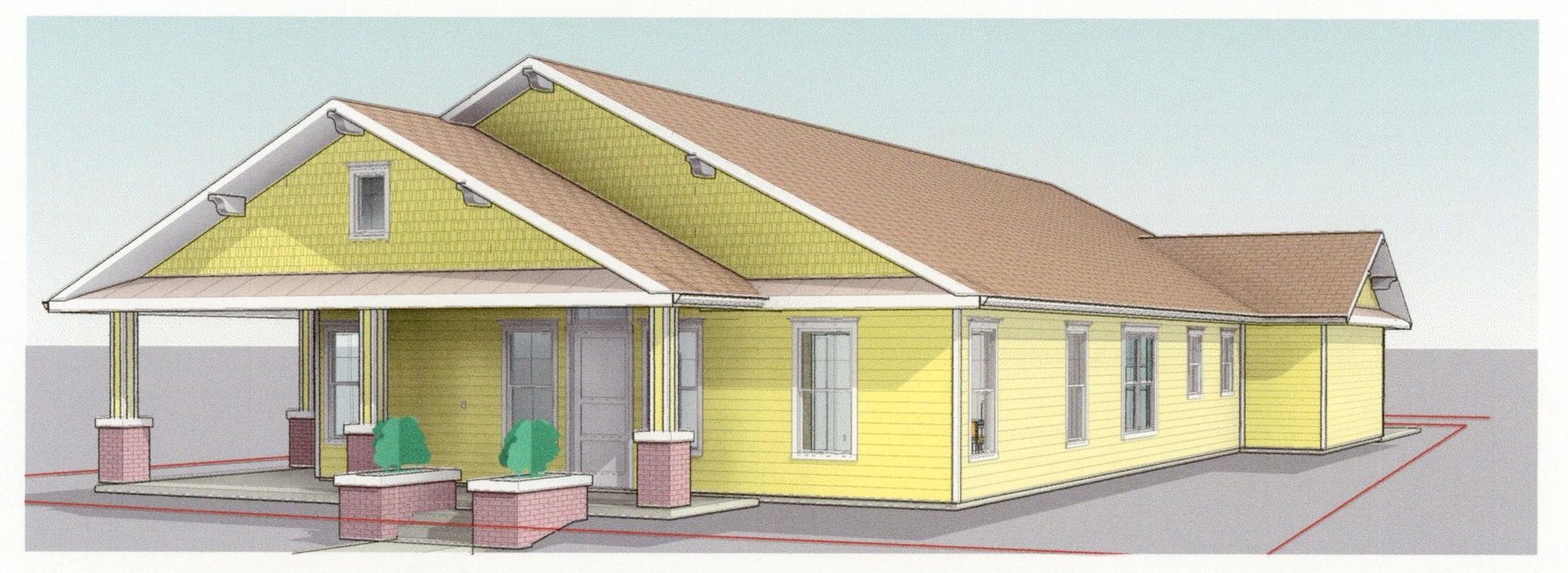 A drawing of a yellow house with a brown roof