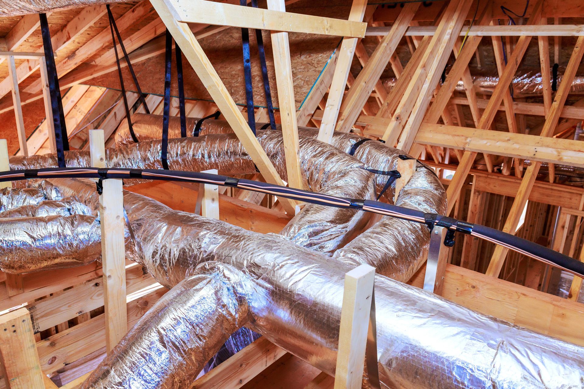 Insulated HVAC flexible air ducts installed in an unfinished wooden attic frame.