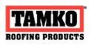 TAMKO logo: Bold, black text on a red and white rectangular background, 