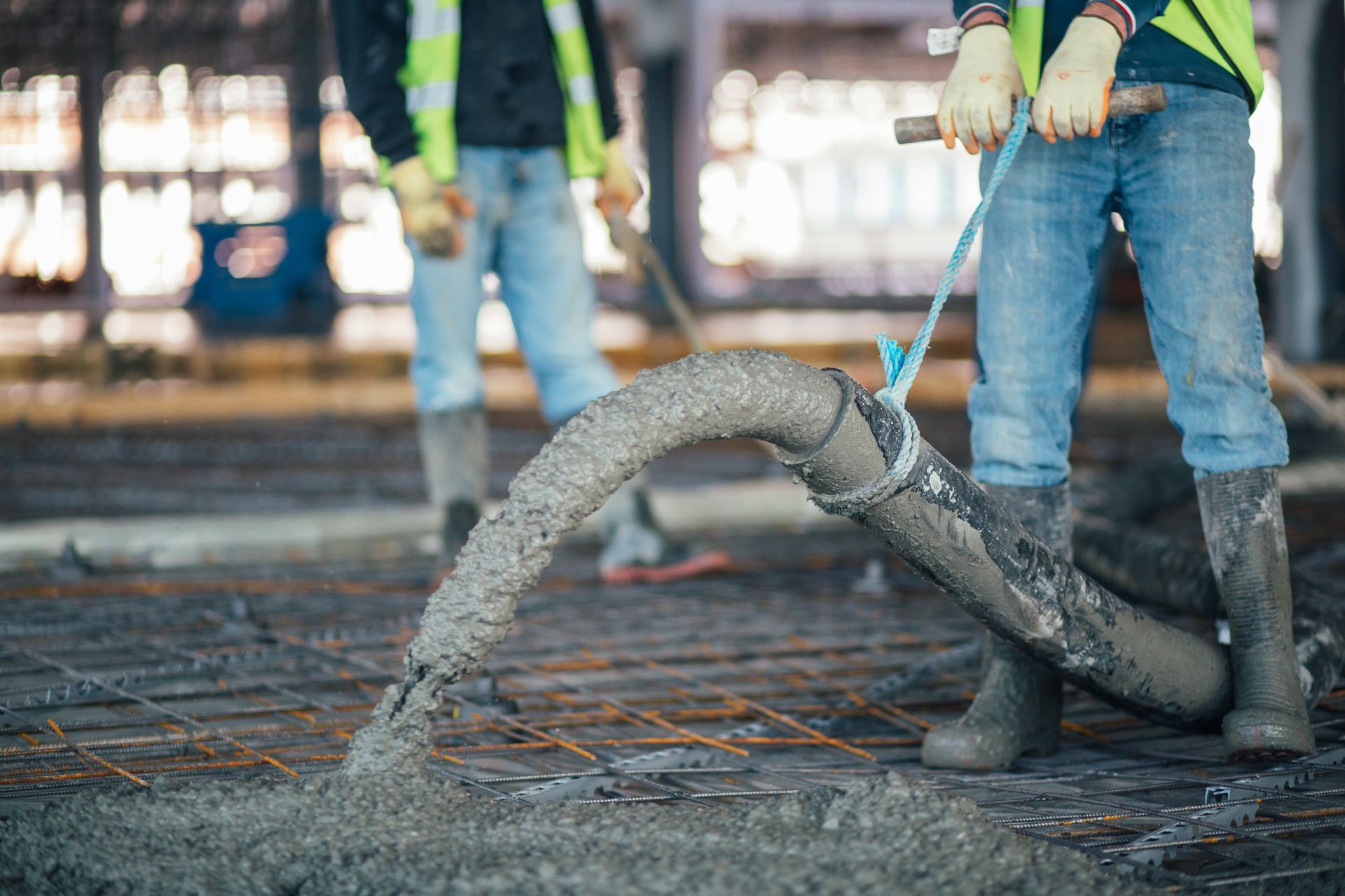 Workers pouring wet concrete at a construction site, with boots and hoses visible