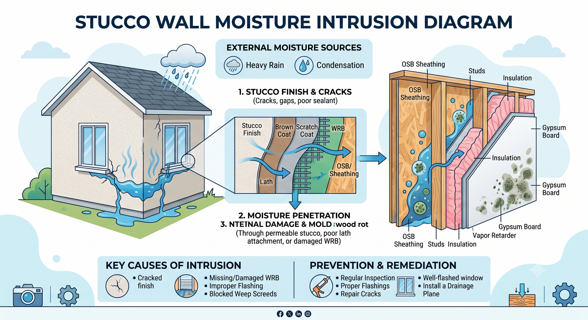 moisture penetration stucco wall diagram interior damage