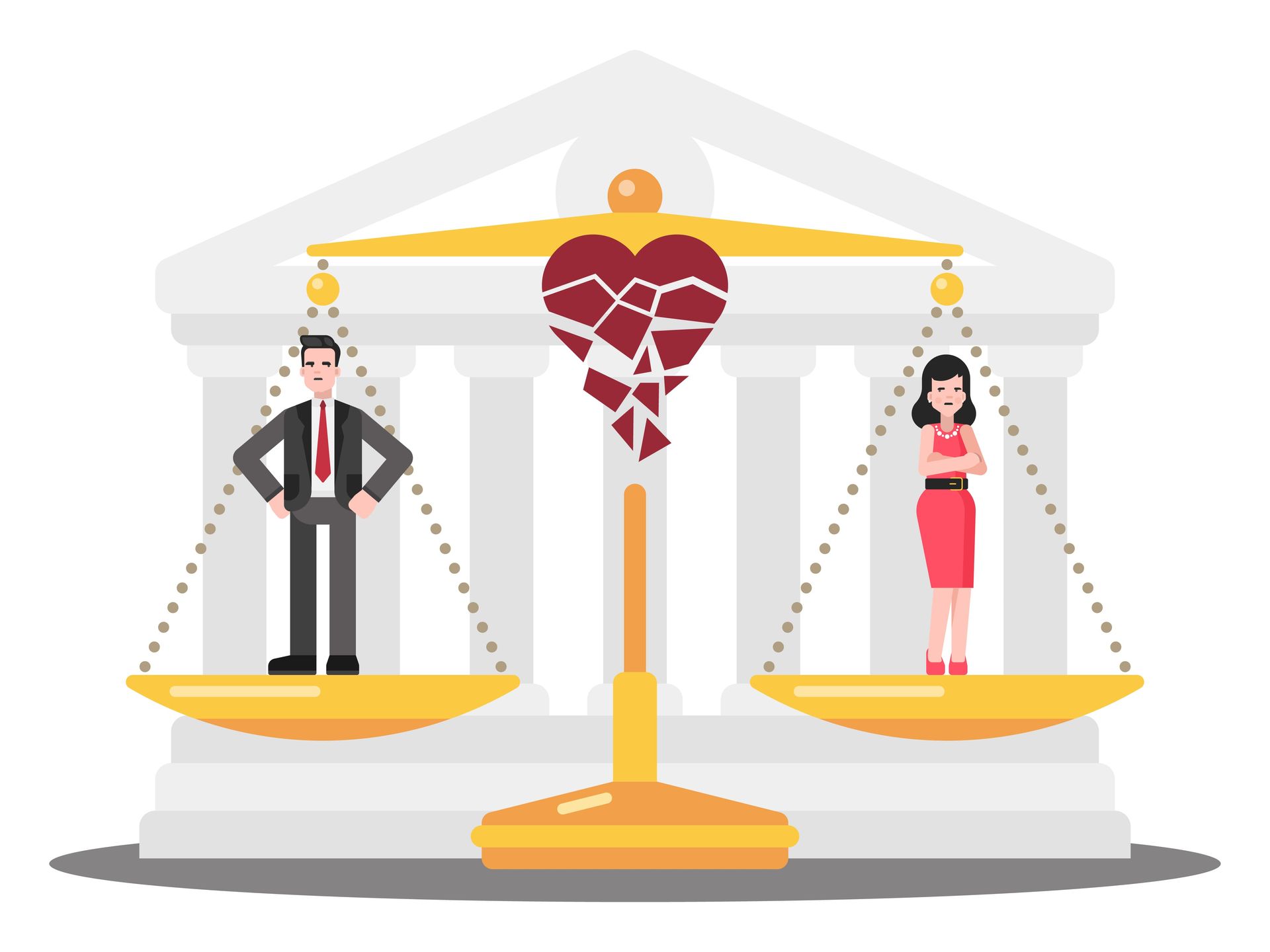 Broken heart balanced between a man and woman on a justice scale before a courthouse.