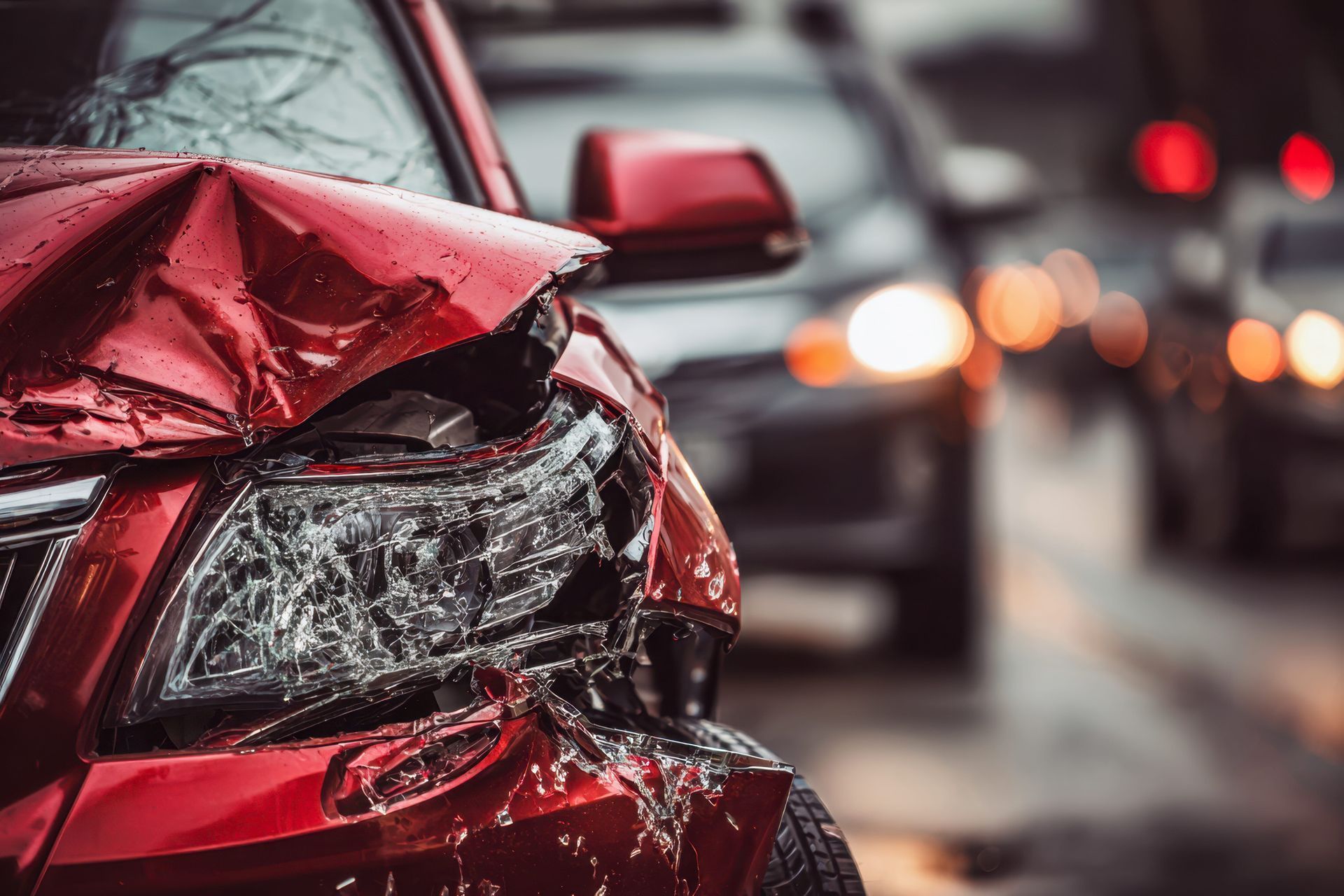 Severely damaged red car rear after a collision, with blurred traffic lights in the background
