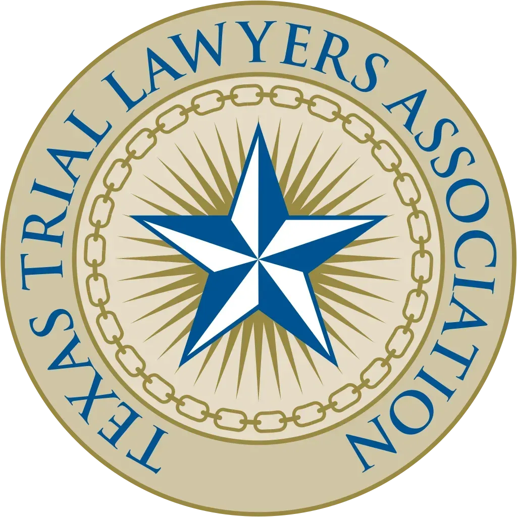 Texas Trial Lawyers Association seal with blue star and gold chain border on a beige background