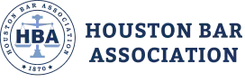 Houston Bar Association logo with blue text and circular seal in navy and gray