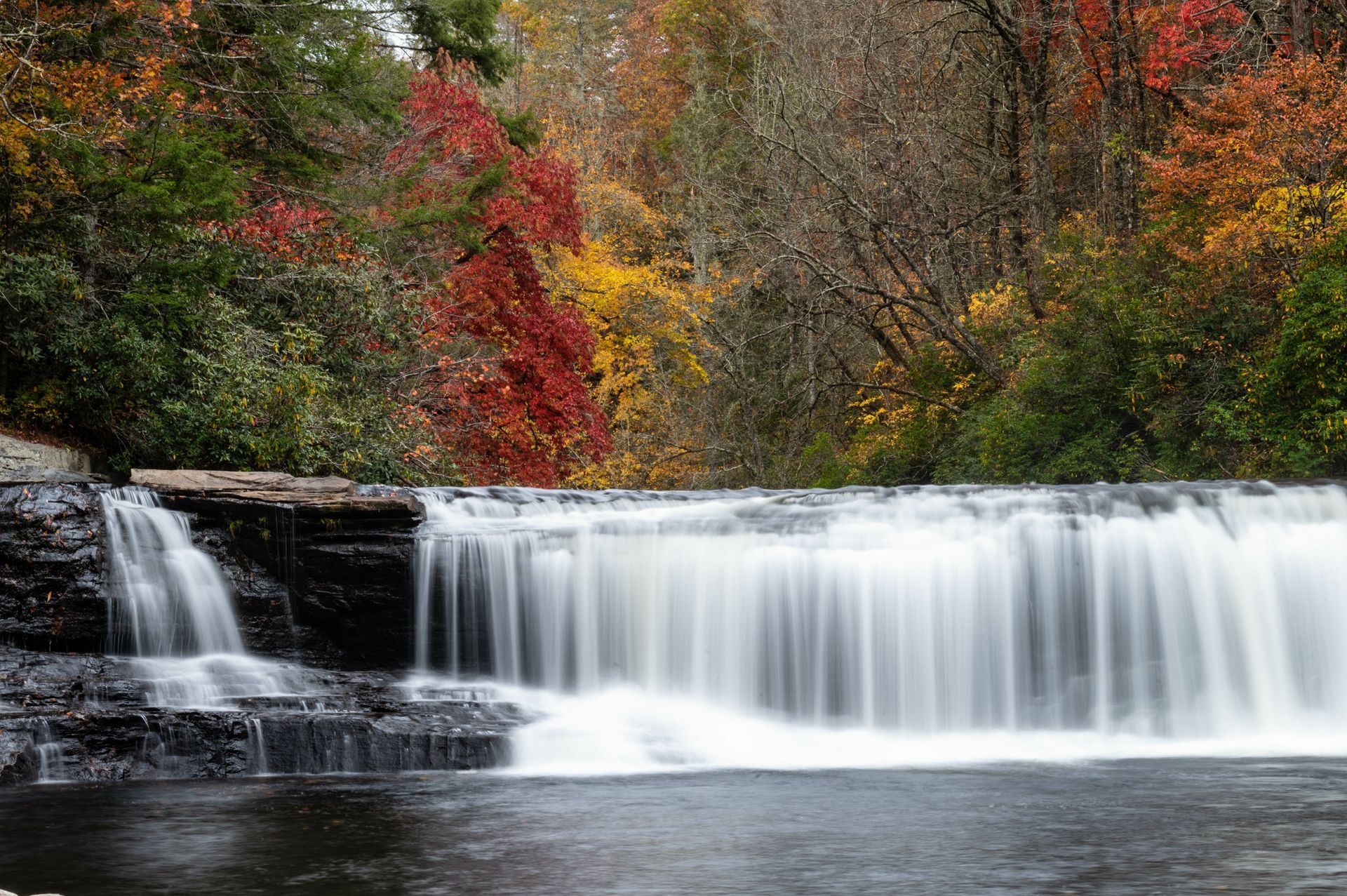 A waterfall in the middle of a forest with trees in the background and photo displays Hooker Falls in NC