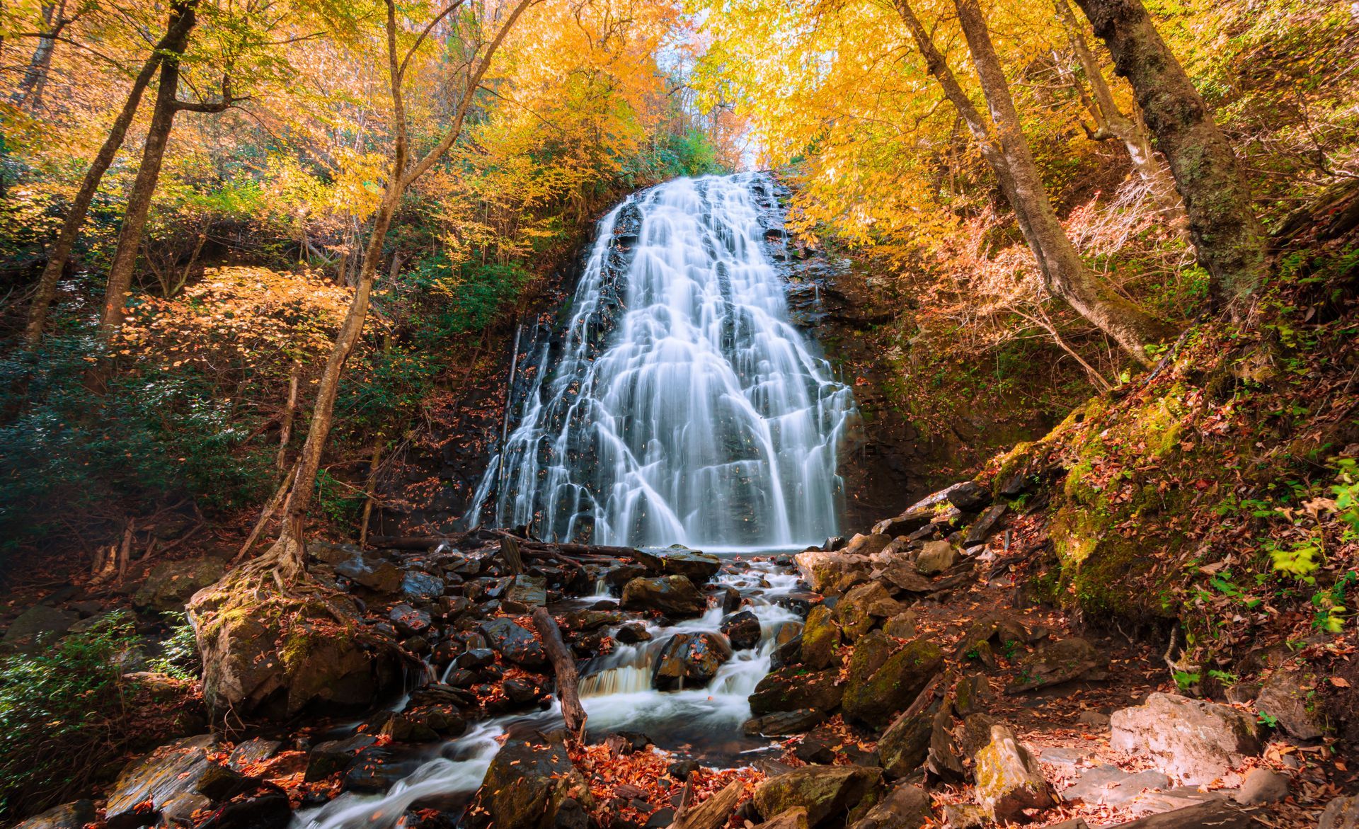A waterfall in the middle of a forest surrounded by trees and displays Crabtree Falls in NC