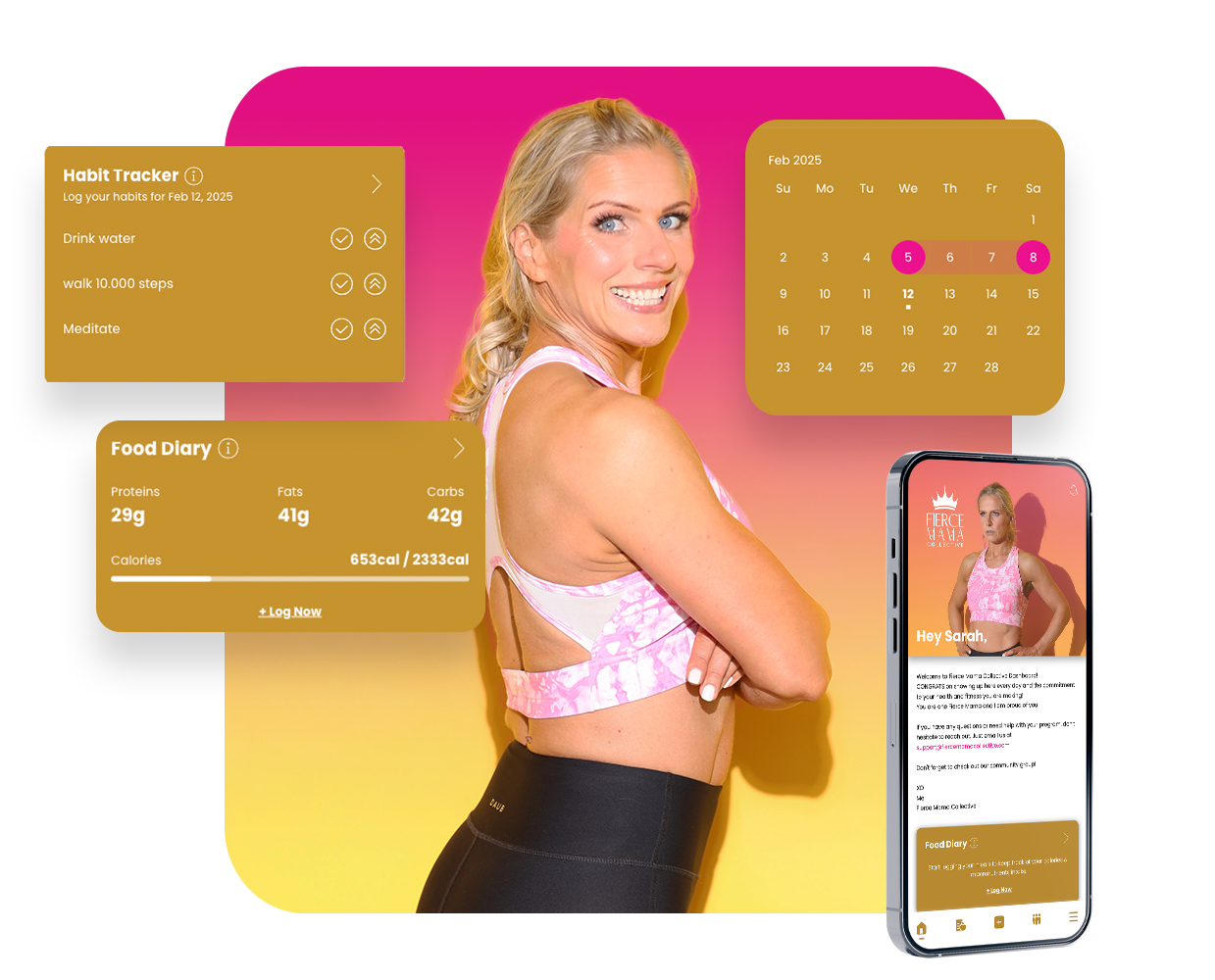 A woman is standing next to a cell phone and a calendar. Melanie Duettchen - Fierce Mama Collective