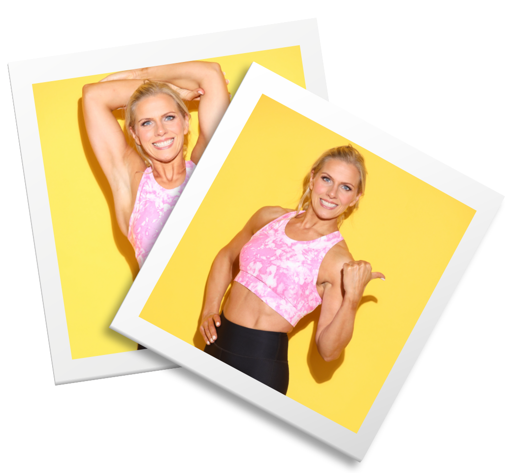 Two pictures of a woman in a pink top on a yellow background Melanie Duettchen - Fierce Mama Collective