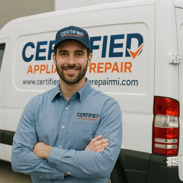 Certified appliance repair technician standing in front of the service van