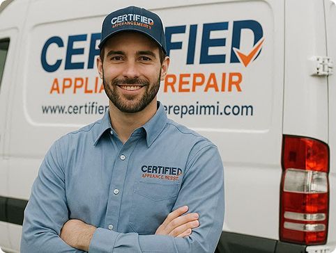 Certified appliance repair technician standing in front of the service van 