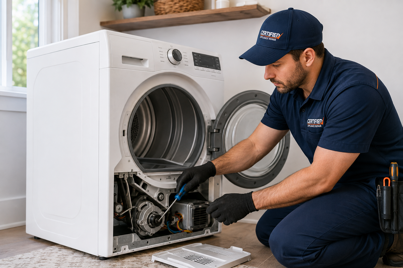 Certified Appliance Repair technician repairing a residential clothes dryer