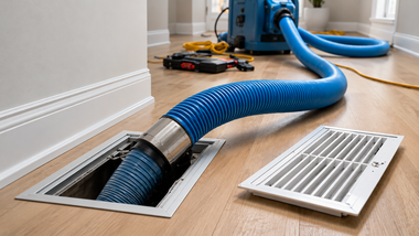 Blue vacuum hose cleaning floor vent beside an open grille in a hardwood room