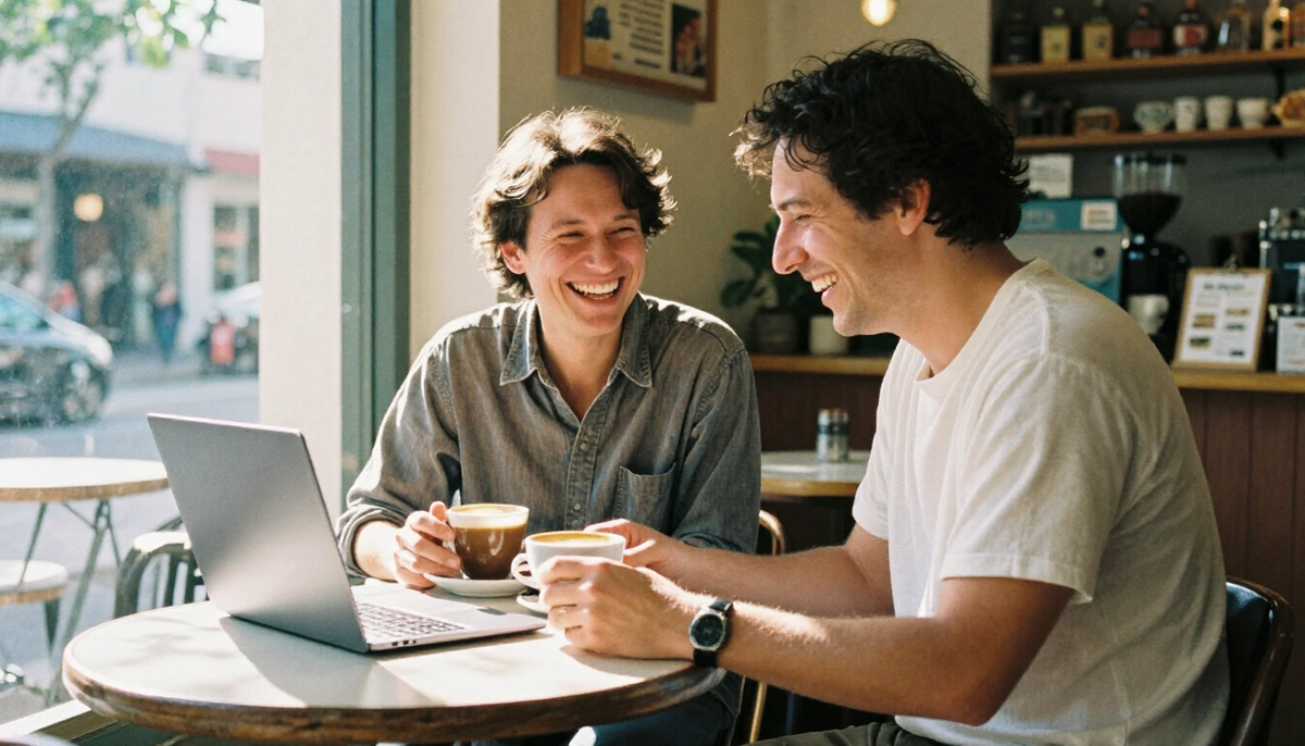 A PagePanda team member and a shop owner laughing over coffee