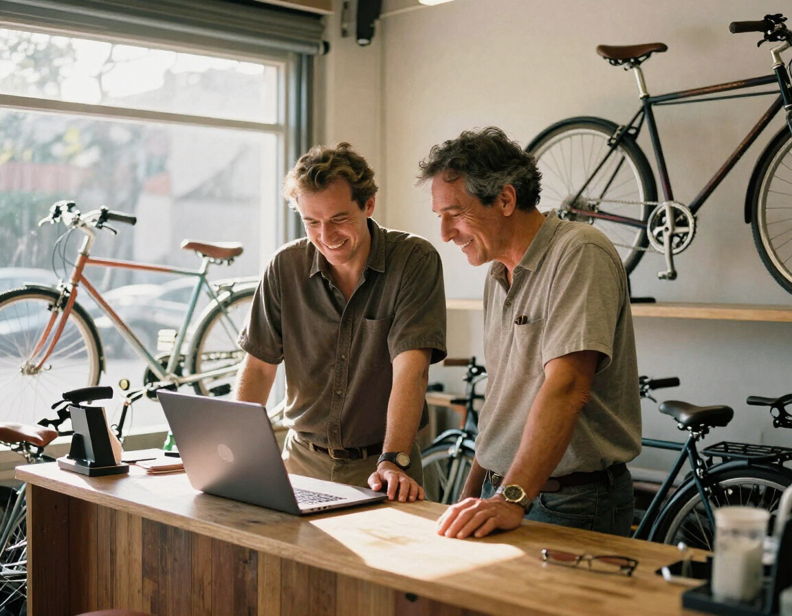 A PagePanda person and a shop owner smiling at a laptop together